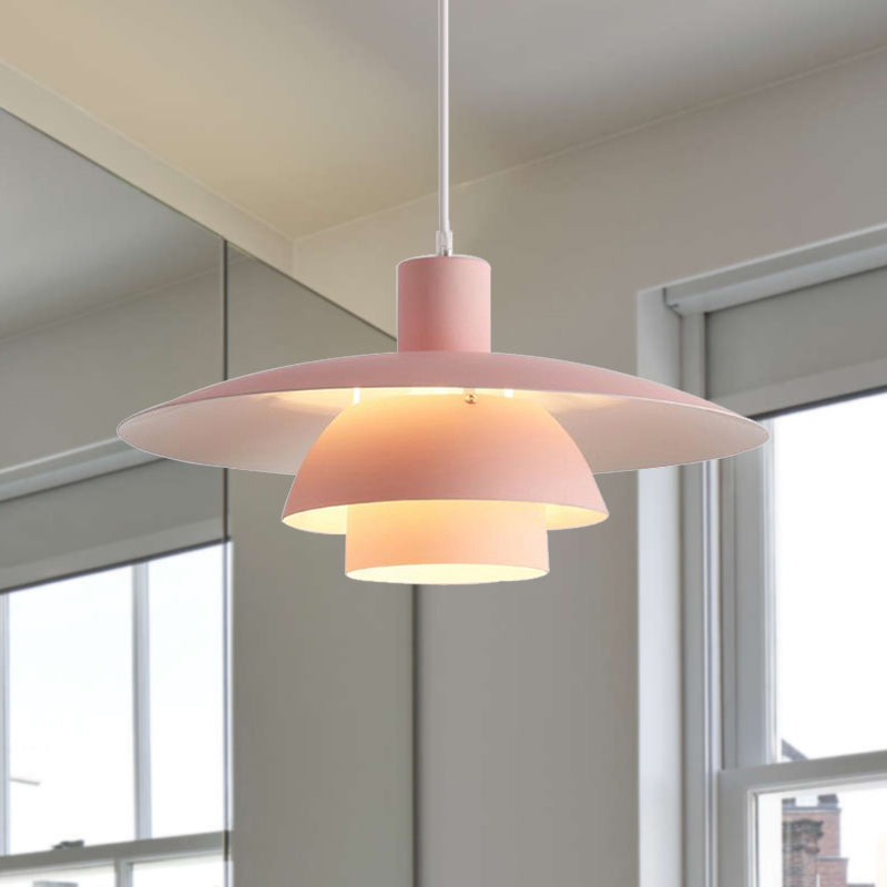 Tiered Design Ceiling Pendant Lamp Nordic Metal 1-Head Pink/White Hanging Lighting with Flared Shade for Living Room Pink Clearhalo 'Ceiling Lights' 'Modern Pendants' 'Modern' 'Pendant Lights' 'Pendants' Lighting' 245058