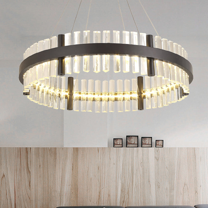 16"/23.5" Wide Round Pendant Chandelier Modern Crystal Black LED Hanging Lamp in Warm Light for Living Room Black Clearhalo 'Ceiling Lights' 'Chandeliers' 'Modern Chandeliers' 'Modern' Lighting' 245074