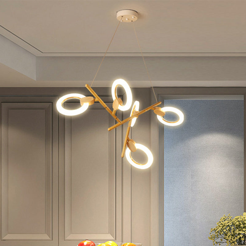 3/5/6 Lights Kitchen Ceiling Light with Branch Acrylic Shade Natural Wood Chandelier Lamp 5 Wood Clearhalo 'Ceiling Lights' 'Chandeliers' 'Modern Chandeliers' 'Modern' Lighting' 245104