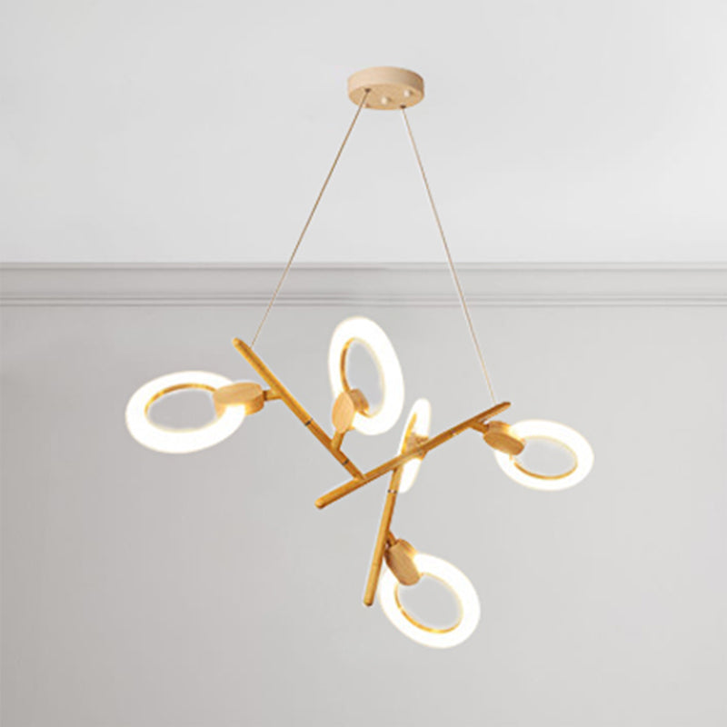 3/5/6 Lights Kitchen Ceiling Light with Branch Acrylic Shade Natural Wood Chandelier Lamp Clearhalo 'Ceiling Lights' 'Chandeliers' 'Modern Chandeliers' 'Modern' Lighting' 245106