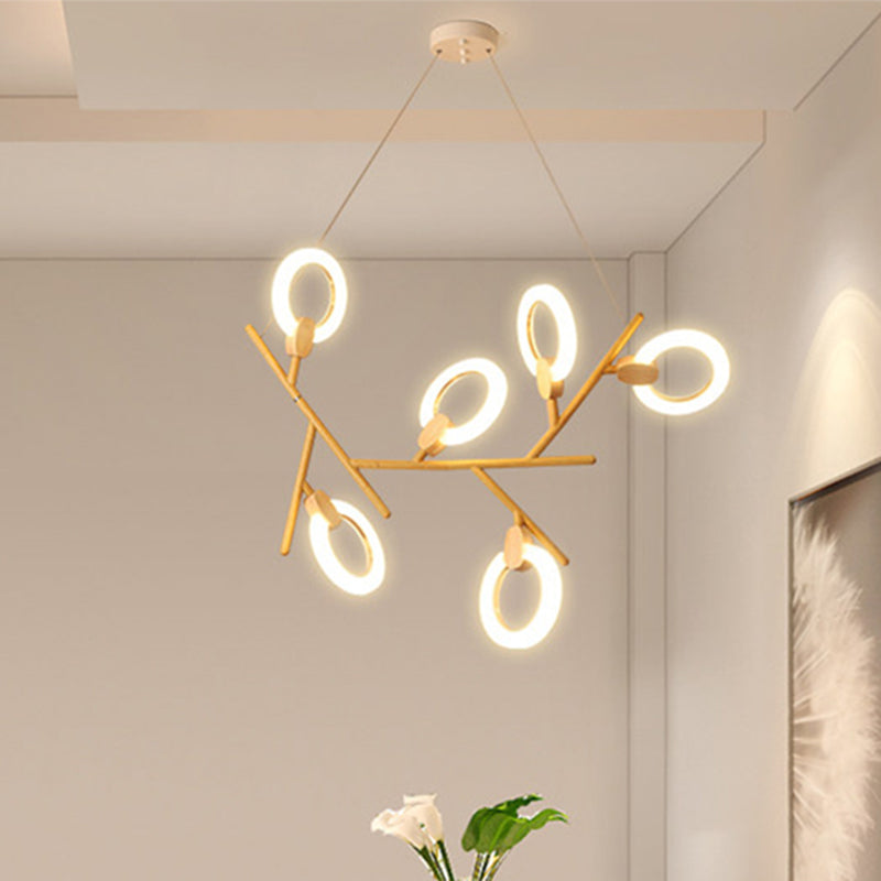 3/5/6 Lights Kitchen Ceiling Light with Branch Acrylic Shade Natural Wood Chandelier Lamp 6 Wood Clearhalo 'Ceiling Lights' 'Chandeliers' 'Modern Chandeliers' 'Modern' Lighting' 245107