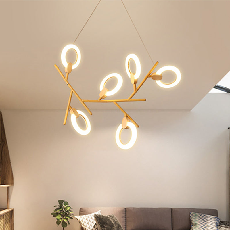 3/5/6 Lights Kitchen Ceiling Light with Branch Acrylic Shade Natural Wood Chandelier Lamp Clearhalo 'Ceiling Lights' 'Chandeliers' 'Modern Chandeliers' 'Modern' Lighting' 245108