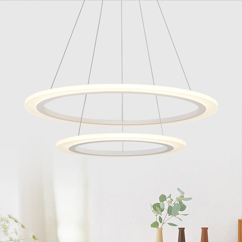 Contemporary 1/2/3-Light Chandelier with Acrylic Shade White Loop Suspension Pendant in Warm/White Light White Double Ring Clearhalo 'Ceiling Lights' 'Chandeliers' 'Modern Chandeliers' 'Modern' Lighting' 245149