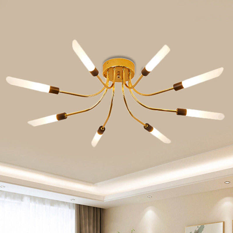 Metal Sputnik Semi Flush Mount Lamp with White Glass Tube Shade Contemporary 6/8 Lights Led Gold Semi Flush Ceiling Fixture Clearhalo 'Ceiling Lights' 'Close To Ceiling Lights' 'Close to ceiling' 'Semi-flushmount' Lighting' 245190