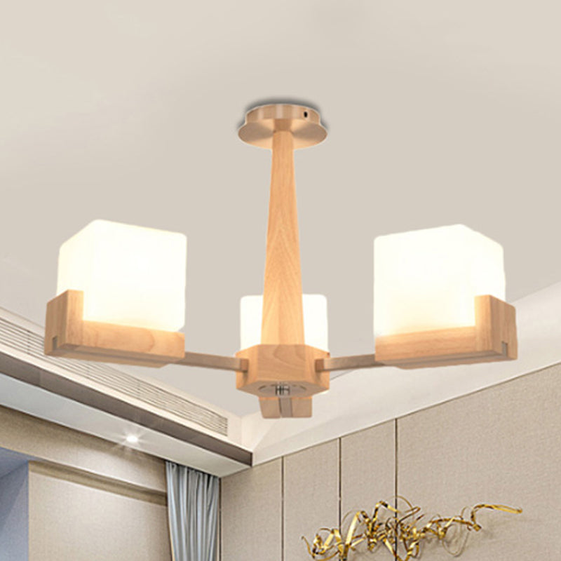 Wood Radial Semi Flush Mount Lighting Modern 3/5/8 Lights Beige Semi Flush Ceiling Lamp Fixture with White Glass Rectangle Shade 3 Wood Clearhalo 'Ceiling Lights' 'Close To Ceiling Lights' 'Close to ceiling' 'Semi-flushmount' Lighting' 245191