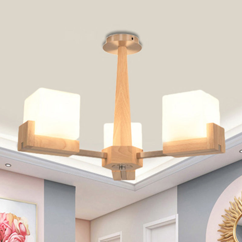 Wood Radial Semi Flush Mount Lighting Modern 3/5/8 Lights Beige Semi Flush Ceiling Lamp Fixture with White Glass Rectangle Shade Clearhalo 'Ceiling Lights' 'Close To Ceiling Lights' 'Close to ceiling' 'Semi-flushmount' Lighting' 245192