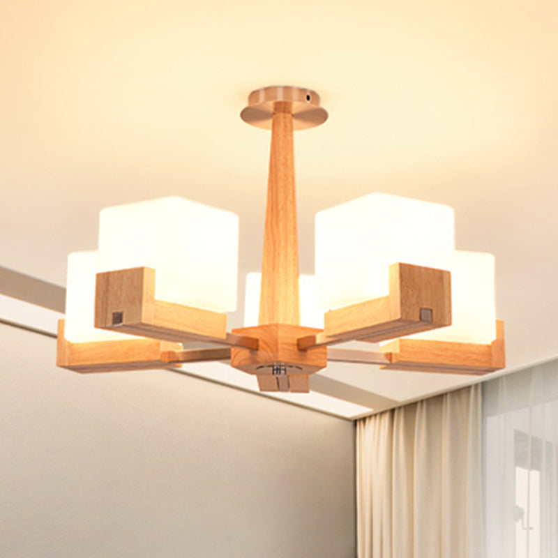 Wood Radial Semi Flush Mount Lighting Modern 3/5/8 Lights Beige Semi Flush Ceiling Lamp Fixture with White Glass Rectangle Shade 5 Wood Clearhalo 'Ceiling Lights' 'Close To Ceiling Lights' 'Close to ceiling' 'Semi-flushmount' Lighting' 245193