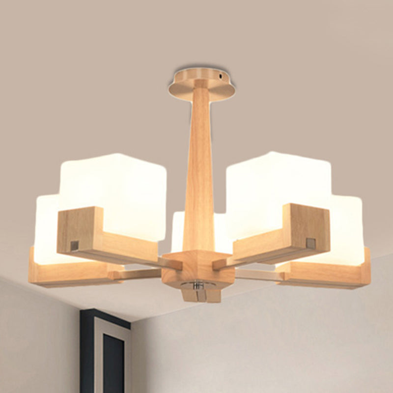 Wood Radial Semi Flush Mount Lighting Modern 3/5/8 Lights Beige Semi Flush Ceiling Lamp Fixture with White Glass Rectangle Shade Clearhalo 'Ceiling Lights' 'Close To Ceiling Lights' 'Close to ceiling' 'Semi-flushmount' Lighting' 245194