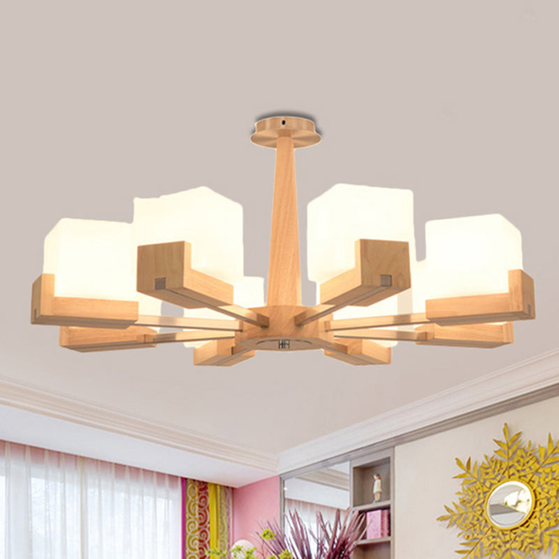 Wood Radial Semi Flush Mount Lighting Modern 3/5/8 Lights Beige Semi Flush Ceiling Lamp Fixture with White Glass Rectangle Shade Clearhalo 'Ceiling Lights' 'Close To Ceiling Lights' 'Close to ceiling' 'Semi-flushmount' Lighting' 245196