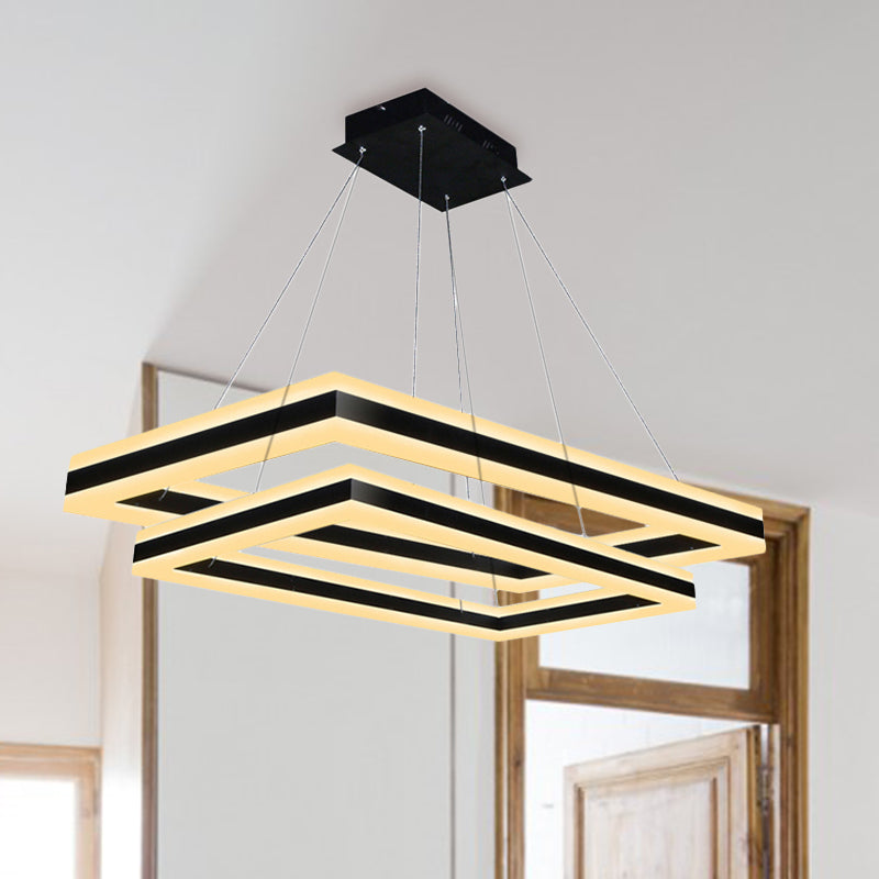 Acrylic Rectangular Ceiling Light Modern LED 1/2/3-Light Black Chandelier Pendant in Warm/White Light 2 Black Clearhalo 'Ceiling Lights' 'Chandeliers' 'Modern Chandeliers' 'Modern' Lighting' 245199