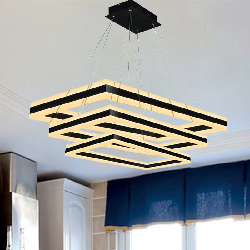 Acrylic Rectangular Ceiling Light Modern LED 1/2/3-Light Black Chandelier Pendant in Warm/White Light 3 Black Clearhalo 'Ceiling Lights' 'Chandeliers' 'Modern Chandeliers' 'Modern' Lighting' 245200