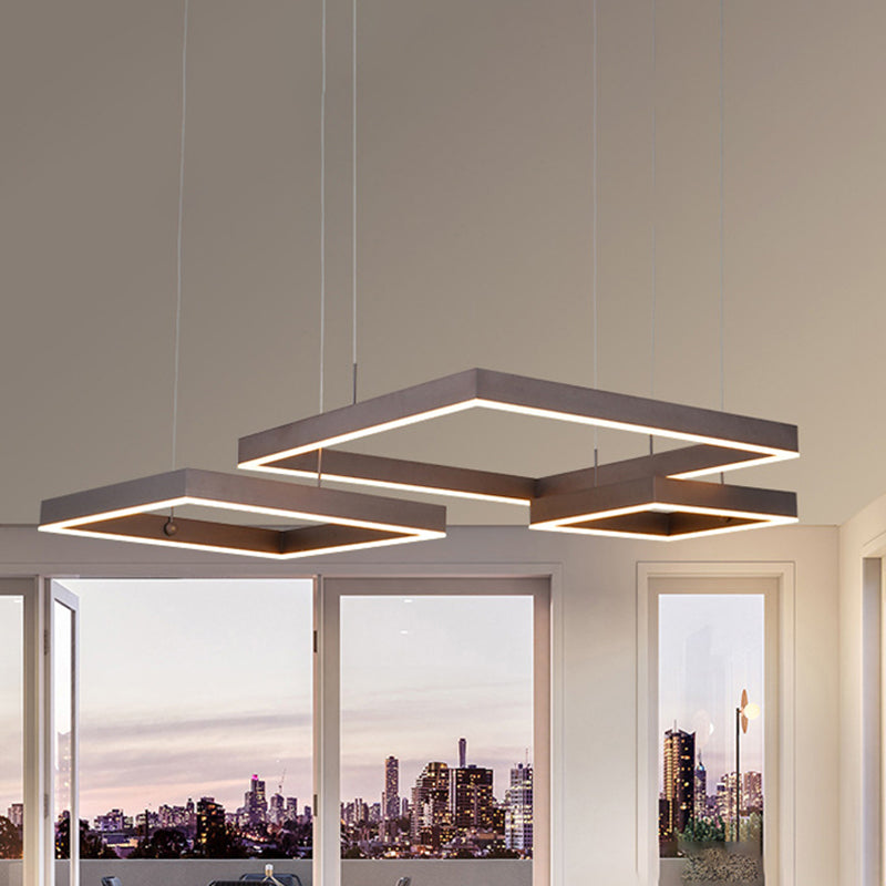 Square Chandelier Light Contemporary Acrylic LED 2/3 Lights Brown Bedroom Ceiling Pendant in Warm/White Light 3 Brown Clearhalo 'Ceiling Lights' 'Chandeliers' 'Modern Chandeliers' 'Modern' Lighting' 245207