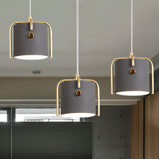 Macaron Stylish 1 Light Hanging Light with Metallic Shade Gray/White Barrel Suspension Lamp for Dining Room Grey Clearhalo 'Ceiling Lights' 'Modern Pendants' 'Modern' 'Pendant Lights' 'Pendants' Lighting' 245230
