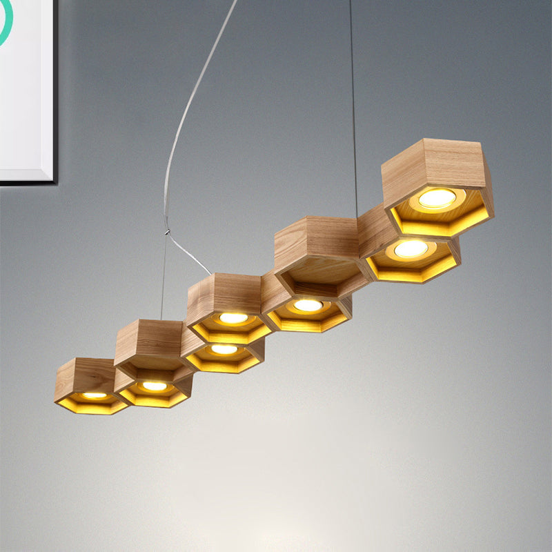 Hexagonal Island Lighting Modern Wooden 5/7-Light Wood Ceiling Light Fixture for Living Room Clearhalo 'Ceiling Lights' 'Island Lights' Lighting' 245261