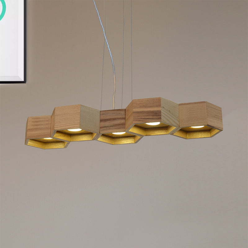 Hexagonal Island Lighting Modern Wooden 5/7-Light Wood Ceiling Light Fixture for Living Room 5 Wood Clearhalo 'Ceiling Lights' 'Island Lights' Lighting' 245264