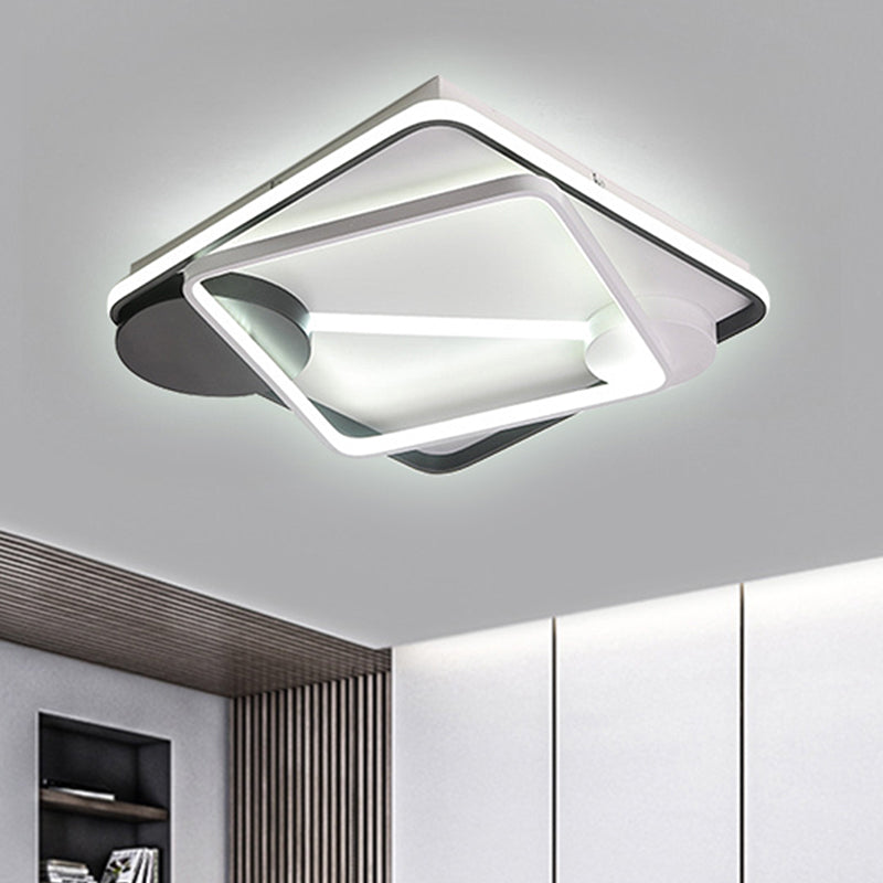 16"/19.5"/35.5" Wide Black and White Square/Rectangle Semi Flush Lamp Modern Led Metal Semi Flush Mount Fixture in White/Warm Light Black-White White Clearhalo 'Ceiling Lights' 'Close To Ceiling Lights' 'Close to ceiling' 'Semi-flushmount' Lighting' 245354