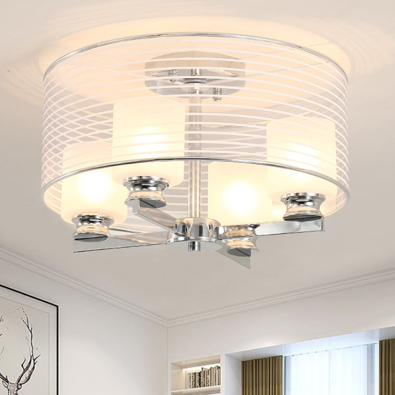 Cylinder White Glass Semi Flush Mount Contemporary 4 Lights Chrome Semi Flush Ceiling Lamp Fixture with Band Glass Drum Shade White Clearhalo 'Ceiling Lights' 'Close To Ceiling Lights' 'Close to ceiling' 'Flush mount' Lighting' 245384