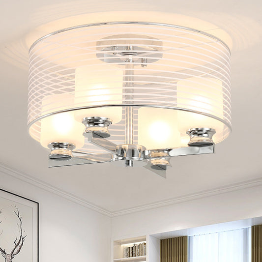 Cylinder White Glass Semi Flush Mount Contemporary 4 Lights Chrome Semi Flush Ceiling Lamp Fixture with Band Glass Drum Shade White Clearhalo 'Ceiling Lights' 'Close To Ceiling Lights' 'Close to ceiling' 'Flush mount' Lighting' 245384