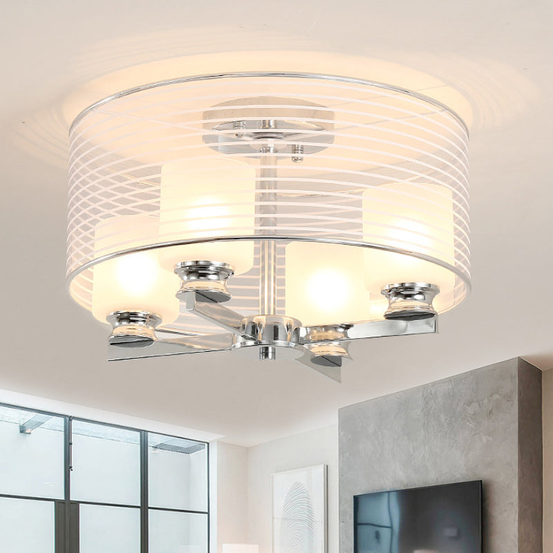 Cylinder White Glass Semi Flush Mount Contemporary 4 Lights Chrome Semi Flush Ceiling Lamp Fixture with Band Glass Drum Shade Clearhalo 'Ceiling Lights' 'Close To Ceiling Lights' 'Close to ceiling' 'Flush mount' Lighting' 245385