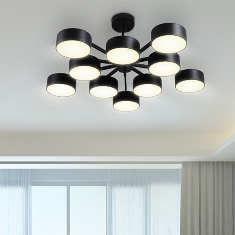 Drum Pendant Light Post Modern Metal 3/5/6/10 Lights Black/Gold Chandelier Light for Living Room 10 Black Clearhalo 'Ceiling Lights' 'Chandeliers' 'Modern Chandeliers' 'Modern' Lighting' 245400