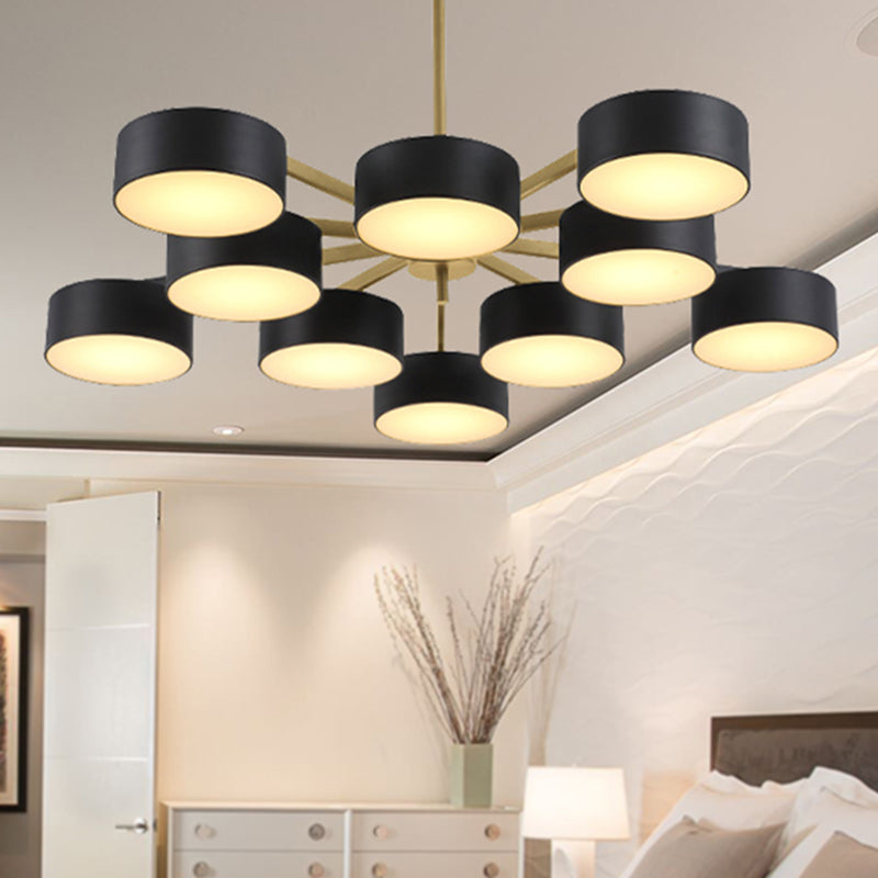 Drum Pendant Light Post Modern Metal 3/5/6/10 Lights Black/Gold Chandelier Light for Living Room 10 Black-Gold Clearhalo 'Ceiling Lights' 'Chandeliers' 'Modern Chandeliers' 'Modern' Lighting' 245403