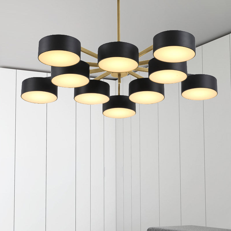 Drum Pendant Light Post Modern Metal 3/5/6/10 Lights Black/Gold Chandelier Light for Living Room Clearhalo 'Ceiling Lights' 'Chandeliers' 'Modern Chandeliers' 'Modern' Lighting' 245404