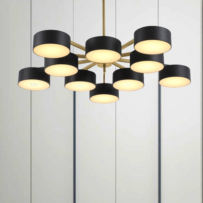 Drum Pendant Light Post Modern Metal 3/5/6/10 Lights Black/Gold Chandelier Light for Living Room Clearhalo 'Ceiling Lights' 'Chandeliers' 'Modern Chandeliers' 'Modern' Lighting' 245405