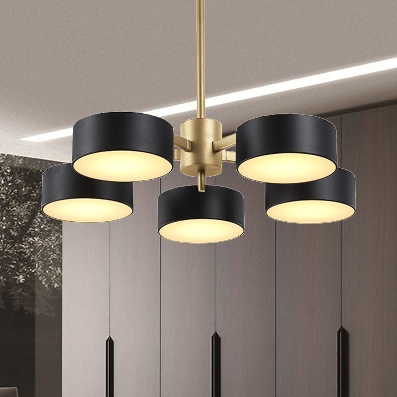 Drum Pendant Light Post Modern Metal 3/5/6/10 Lights Black/Gold Chandelier Light for Living Room 5 Black-Gold Clearhalo 'Ceiling Lights' 'Chandeliers' 'Modern Chandeliers' 'Modern' Lighting' 245411