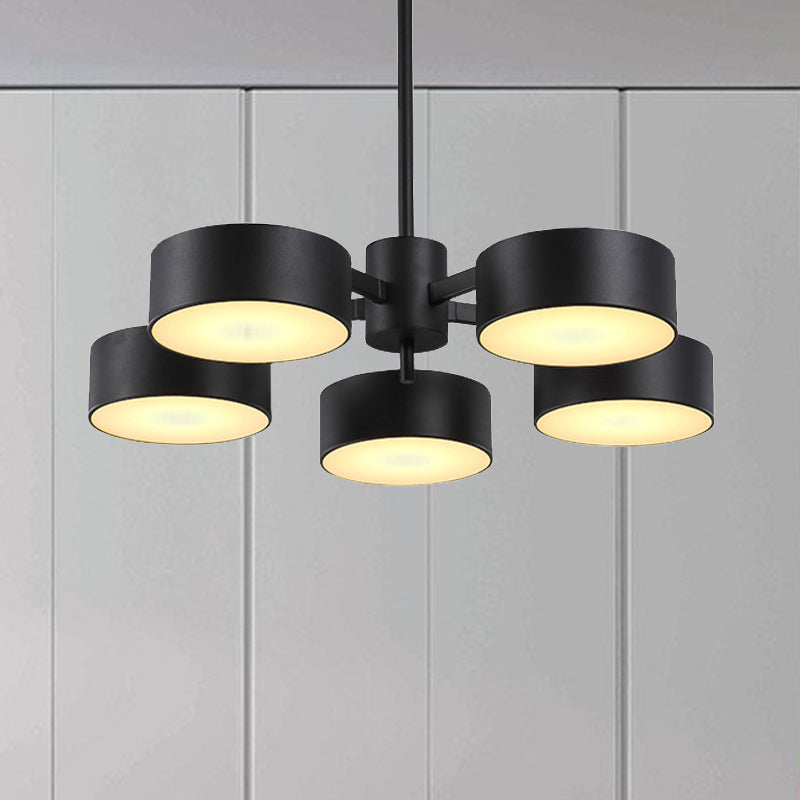 Drum Pendant Light Post Modern Metal 3/5/6/10 Lights Black/Gold Chandelier Light for Living Room 5 Black Clearhalo 'Ceiling Lights' 'Chandeliers' 'Modern Chandeliers' 'Modern' Lighting' 245413