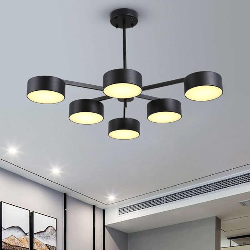 Drum Pendant Light Post Modern Metal 3/5/6/10 Lights Black/Gold Chandelier Light for Living Room 6 Black Clearhalo 'Ceiling Lights' 'Chandeliers' 'Modern Chandeliers' 'Modern' Lighting' 245416