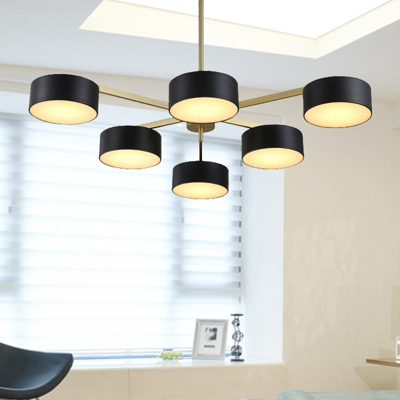 Drum Pendant Light Post Modern Metal 3/5/6/10 Lights Black/Gold Chandelier Light for Living Room 6 Black-Gold Clearhalo 'Ceiling Lights' 'Chandeliers' 'Modern Chandeliers' 'Modern' Lighting' 245418