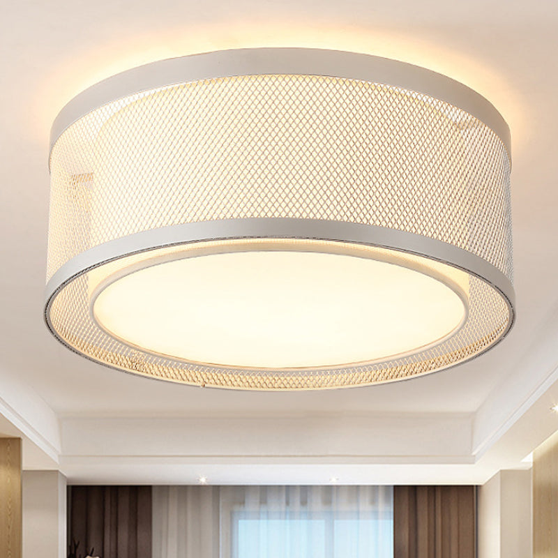 Net Metal Drum Flush Mount Lighting Contemporary 4 Lights Silver Flush Ceiling Lamp Fixture with Frosted Diffuser Silver Clearhalo 'Ceiling Lights' 'Close To Ceiling Lights' 'Close to ceiling' 'Flush mount' Lighting' 245429