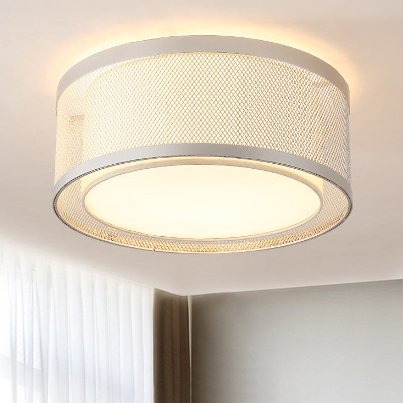 Net Metal Drum Flush Mount Lighting Contemporary 4 Lights Silver Flush Ceiling Lamp Fixture with Frosted Diffuser Clearhalo 'Ceiling Lights' 'Close To Ceiling Lights' 'Close to ceiling' 'Flush mount' Lighting' 245430