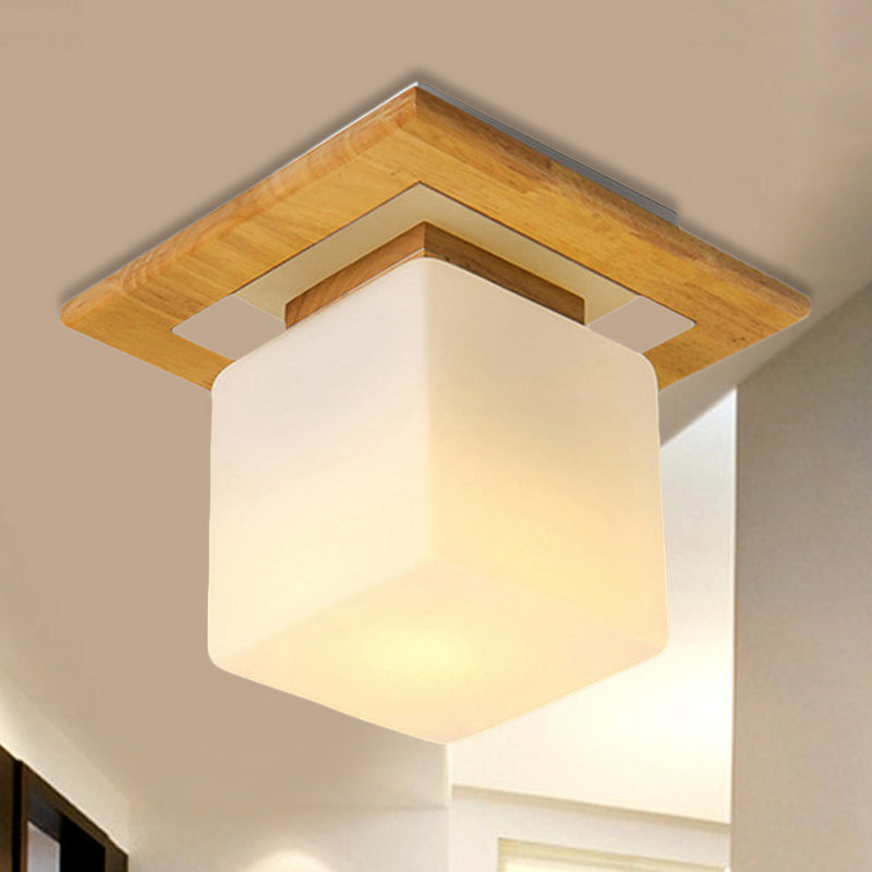 Square Semi Flush Mount Light Modern Wood 1 Light Brown Semi Mount Lamp with Milk Glass Shade Wood Clearhalo 'Ceiling Lights' 'Close To Ceiling Lights' 'Close to ceiling' 'Semi-flushmount' Lighting' 245431