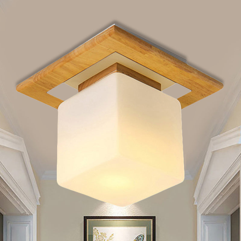 Square Semi Flush Mount Light Modern Wood 1 Light Brown Semi Mount Lamp with Milk Glass Shade Clearhalo 'Ceiling Lights' 'Close To Ceiling Lights' 'Close to ceiling' 'Semi-flushmount' Lighting' 245432