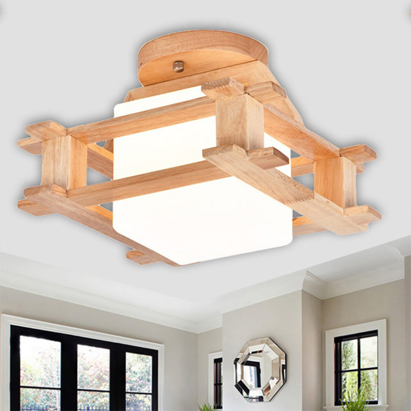 Wood Square Semi Flush Lighting with White Glass Shade Modernist 1 Light Beige Semi Flush Mount Lamp Fixture Wood Clearhalo 'Ceiling Lights' 'Close To Ceiling Lights' 'Close to ceiling' 'Semi-flushmount' Lighting' 245435