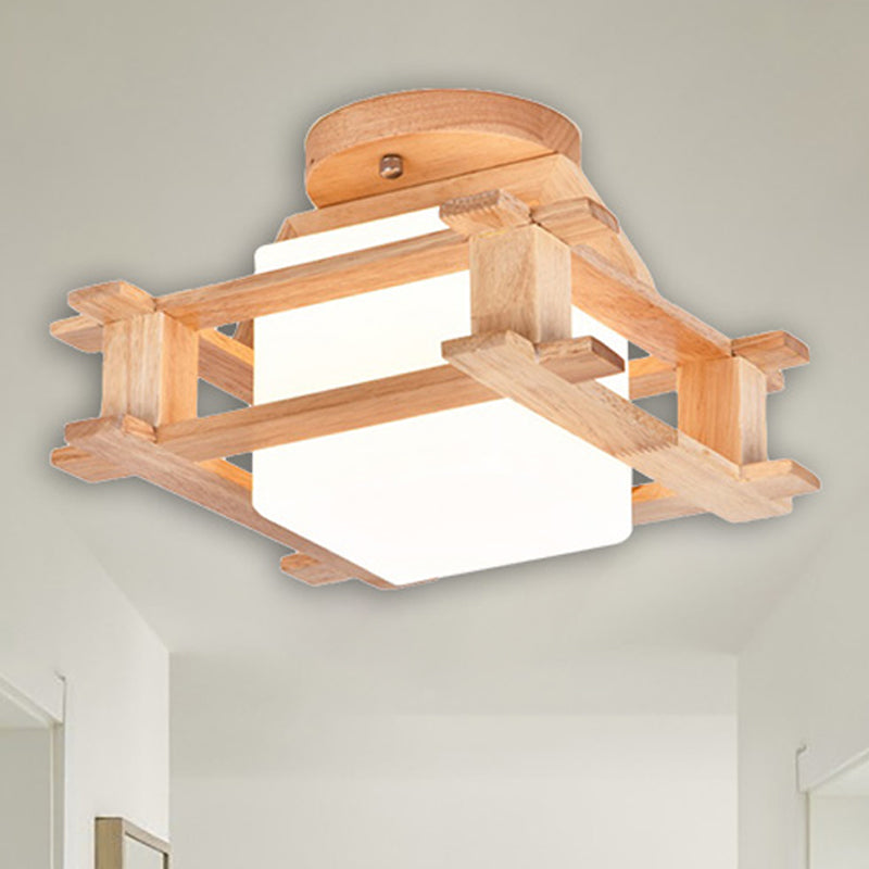 Wood Square Semi Flush Lighting with White Glass Shade Modernist 1 Light Beige Semi Flush Mount Lamp Fixture Clearhalo 'Ceiling Lights' 'Close To Ceiling Lights' 'Close to ceiling' 'Semi-flushmount' Lighting' 245436