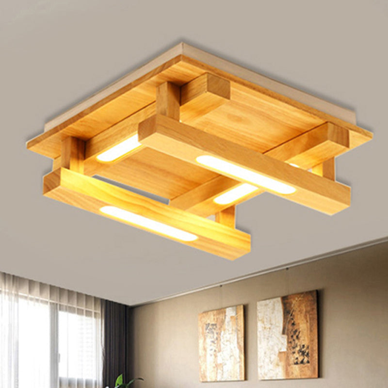 1/4/9 Lights Living Room Flush Mount with Square Wood Shade Modernist Brown Led Flush Ceiling Light in White/Warm Light 1 Wood Clearhalo 'Ceiling Lights' 'Close To Ceiling Lights' 'Close to ceiling' 'Flush mount' Lighting' 245506