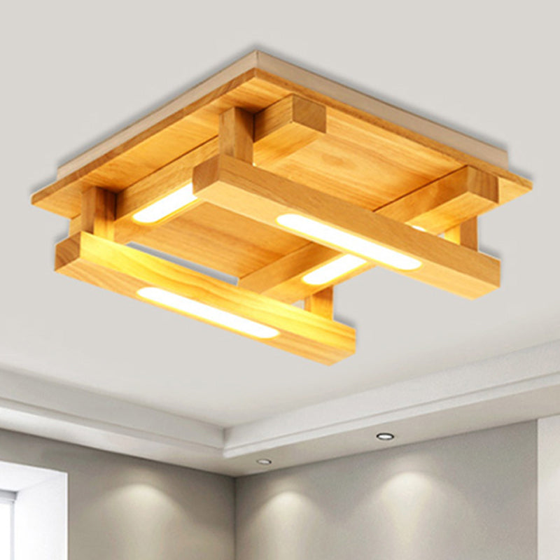 1/4/9 Lights Living Room Flush Mount with Square Wood Shade Modernist Brown Led Flush Ceiling Light in White/Warm Light Clearhalo 'Ceiling Lights' 'Close To Ceiling Lights' 'Close to ceiling' 'Flush mount' Lighting' 245507