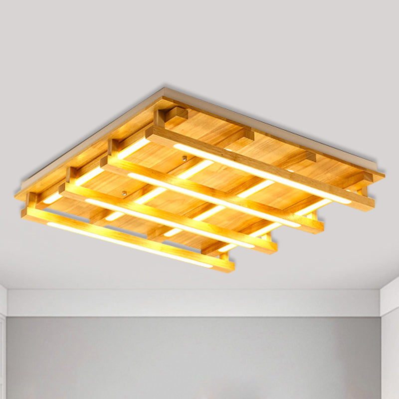 1/4/9 Lights Living Room Flush Mount with Square Wood Shade Modernist Brown Led Flush Ceiling Light in White/Warm Light 9 Wood Clearhalo 'Ceiling Lights' 'Close To Ceiling Lights' 'Close to ceiling' 'Flush mount' Lighting' 245510