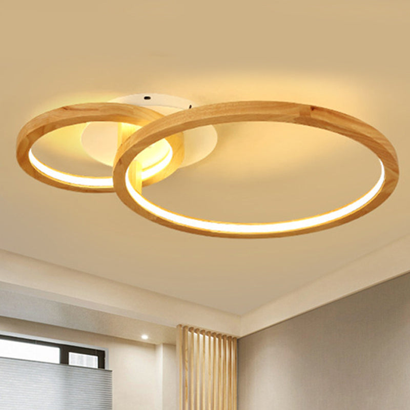 2-Tier Ring Wood Semi Flush Lamp Modern Led Brown Flush Semi Ceiling Light for Bedroom in Warm Light, 21.5"/28" Wide Wood Clearhalo 'Ceiling Lights' 'Close To Ceiling Lights' 'Close to ceiling' 'Semi-flushmount' Lighting' 245536