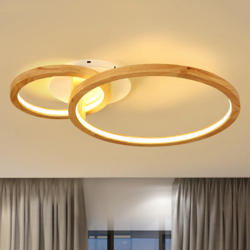 2-Tier Ring Wood Semi Flush Lamp Modern Led Brown Flush Semi Ceiling Light for Bedroom in Warm Light, 21.5"/28" Wide Clearhalo 'Ceiling Lights' 'Close To Ceiling Lights' 'Close to ceiling' 'Semi-flushmount' Lighting' 245537