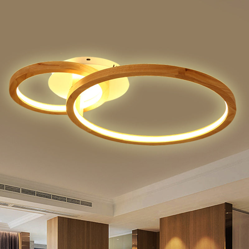 2-Tier Ring Wood Semi Flush Lamp Modern Led Brown Flush Semi Ceiling Light for Bedroom in Warm Light, 21.5"/28" Wide Clearhalo 'Ceiling Lights' 'Close To Ceiling Lights' 'Close to ceiling' 'Semi-flushmount' Lighting' 245538