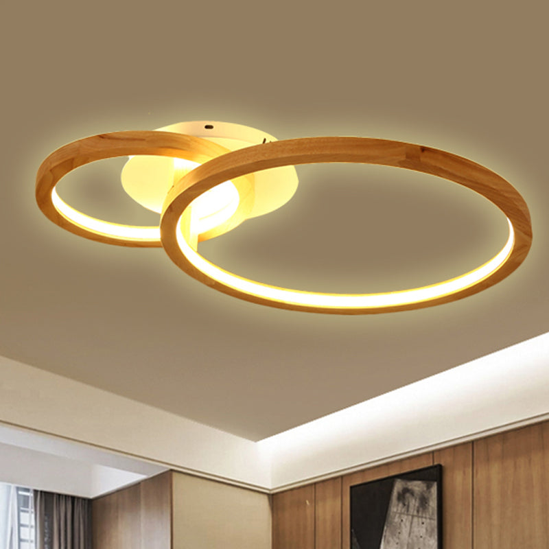 2-Tier Ring Wood Semi Flush Lamp Modern Led Brown Flush Semi Ceiling Light for Bedroom in Warm Light, 21.5"/28" Wide Clearhalo 'Ceiling Lights' 'Close To Ceiling Lights' 'Close to ceiling' 'Semi-flushmount' Lighting' 245539