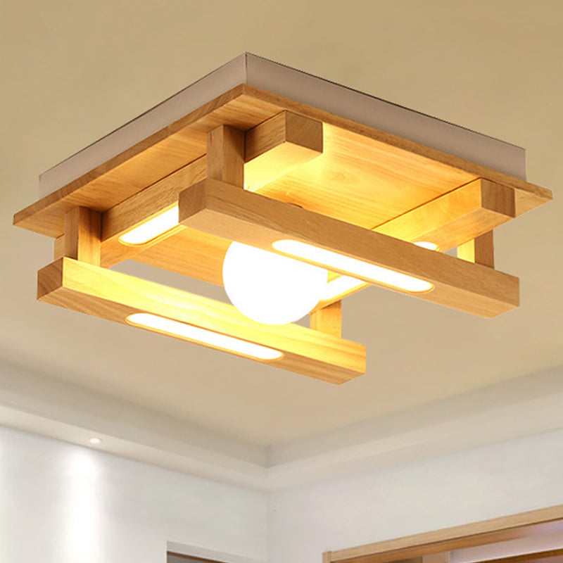 Square Wood Flush Mount Lamp Modern 1/4/9 Lights Led Brown Flush Mount Ceiling Light Fixture with White Glass Ball Shade in White/Warm Light 1 Wood Clearhalo 'Ceiling Lights' 'Close To Ceiling Lights' 'Close to ceiling' 'Flush mount' Lighting' 245545