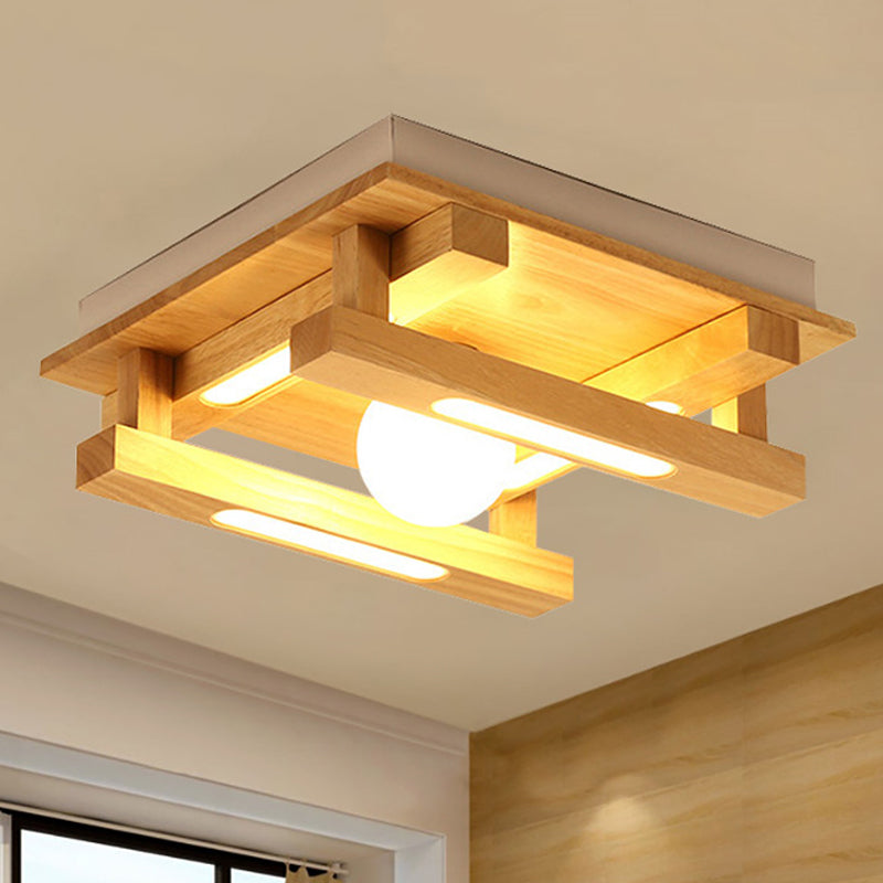 Square Wood Flush Mount Lamp Modern 1/4/9 Lights Led Brown Flush Mount Ceiling Light Fixture with White Glass Ball Shade in White/Warm Light Clearhalo 'Ceiling Lights' 'Close To Ceiling Lights' 'Close to ceiling' 'Flush mount' Lighting' 245546