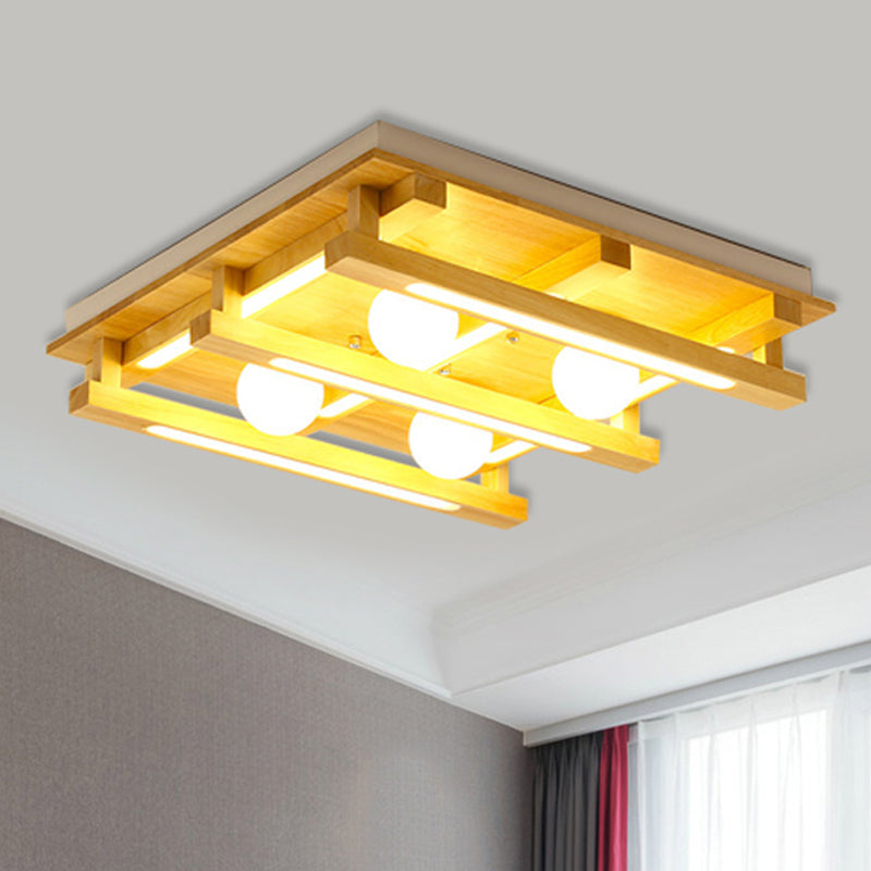 Square Wood Flush Mount Lamp Modern 1/4/9 Lights Led Brown Flush Mount Ceiling Light Fixture with White Glass Ball Shade in White/Warm Light 4 Wood Clearhalo 'Ceiling Lights' 'Close To Ceiling Lights' 'Close to ceiling' 'Flush mount' Lighting' 245547