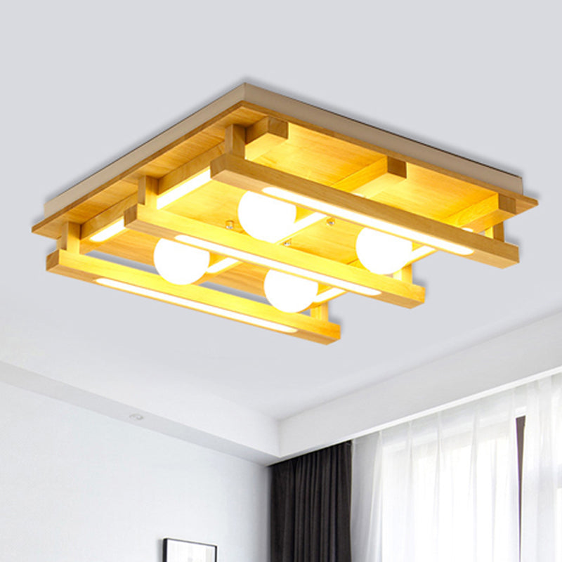 Square Wood Flush Mount Lamp Modern 1/4/9 Lights Led Brown Flush Mount Ceiling Light Fixture with White Glass Ball Shade in White/Warm Light Clearhalo 'Ceiling Lights' 'Close To Ceiling Lights' 'Close to ceiling' 'Flush mount' Lighting' 245548