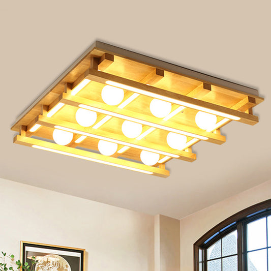 Square Wood Flush Mount Lamp Modern 1/4/9 Lights Led Brown Flush Mount Ceiling Light Fixture with White Glass Ball Shade in White/Warm Light Clearhalo 'Ceiling Lights' 'Close To Ceiling Lights' 'Close to ceiling' 'Flush mount' Lighting' 245550