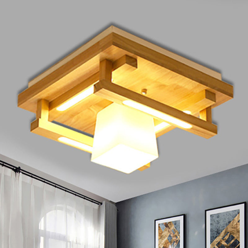 Wood Square Flush Mount Lighting Modernist 1/4/9 Lights Brown Led Flush Mount Light with White Glass Cubic Shade in White/Warm Light Clearhalo 'Ceiling Lights' 'Close To Ceiling Lights' 'Close to ceiling' 'Flush mount' Lighting' 245574